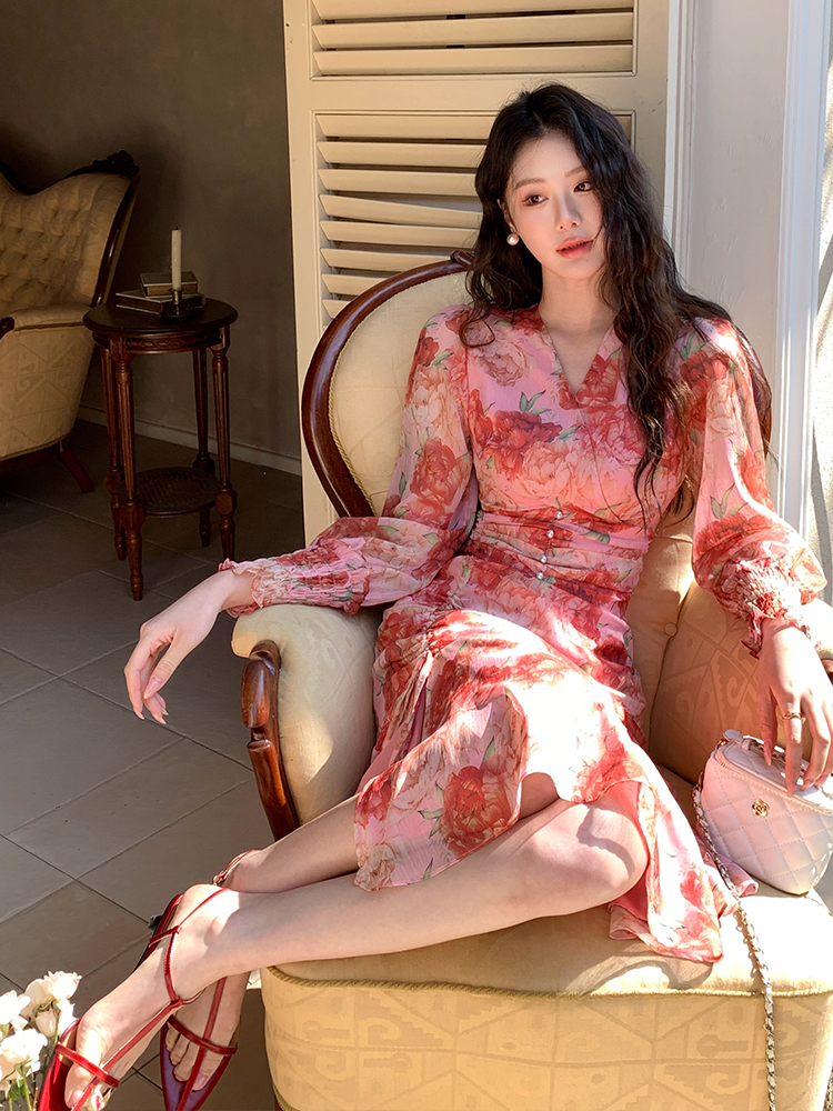 Real silk slim floral temperament show young dress