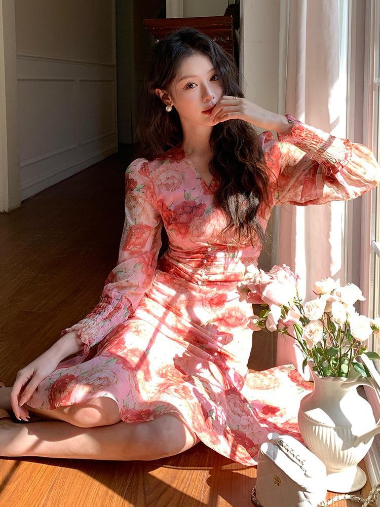 Real silk slim floral temperament show young dress