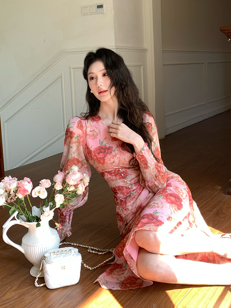 Real silk slim floral temperament show young dress