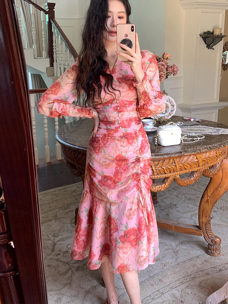 Real silk slim floral temperament show young dress