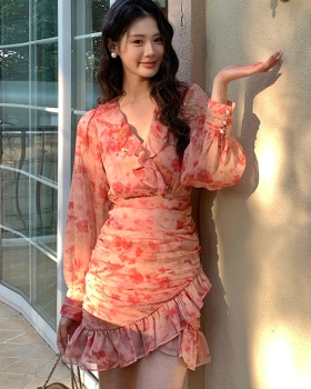 Printing France style romantic package hip pinched waist dress