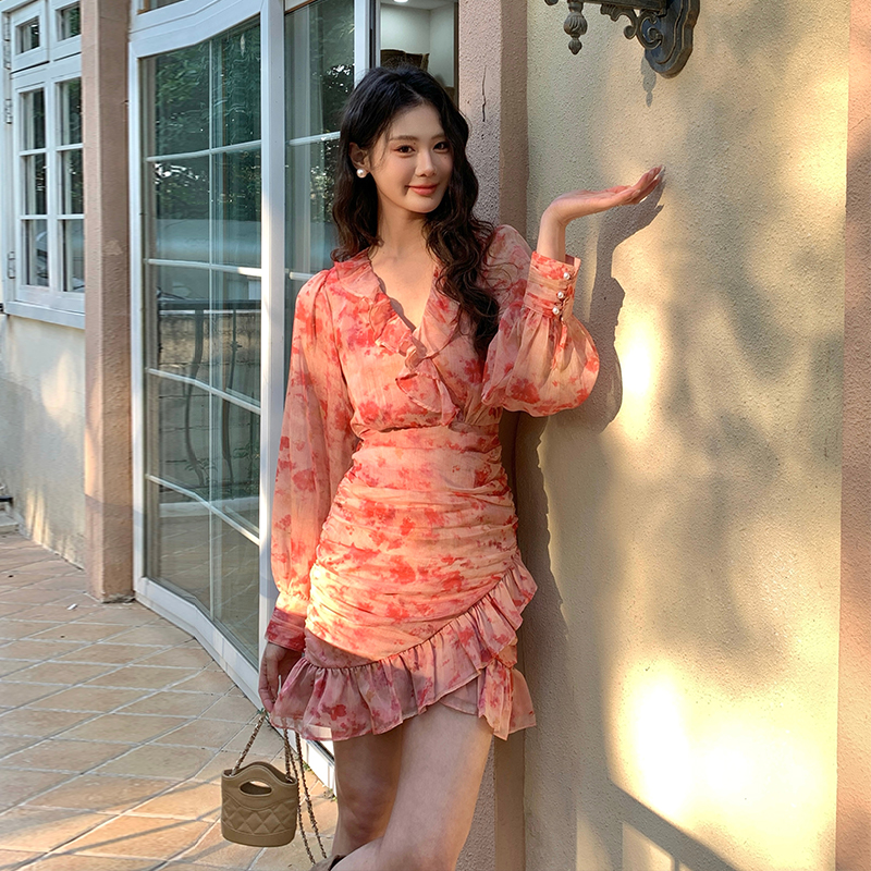 Printing France style romantic package hip pinched waist dress