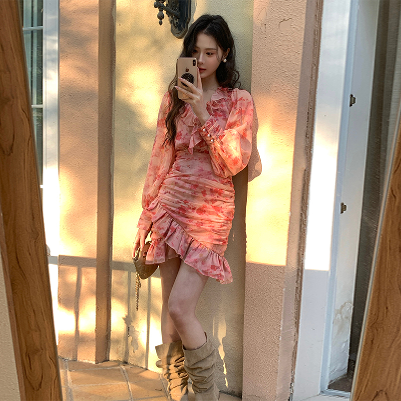 Printing France style romantic package hip pinched waist dress