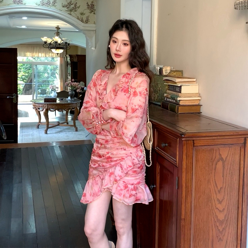 Printing France style romantic package hip pinched waist dress