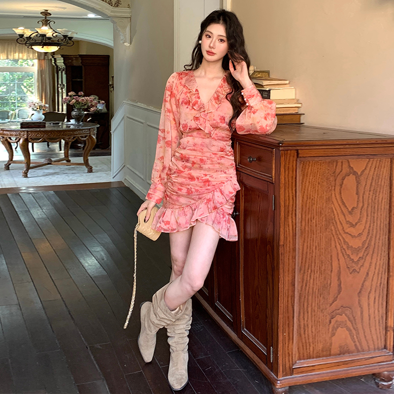 Printing France style romantic package hip pinched waist dress