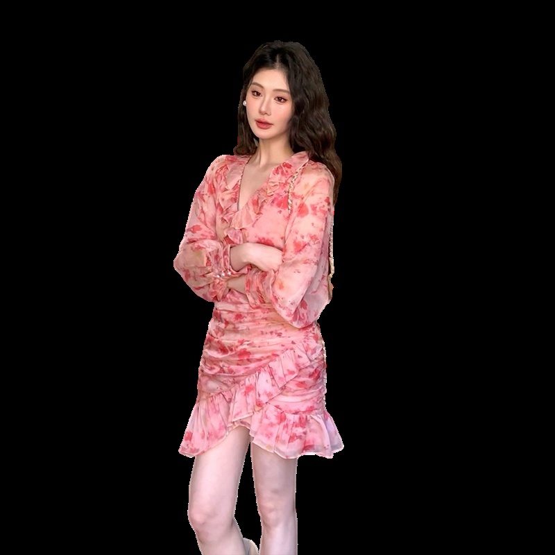 Printing France style romantic package hip pinched waist dress