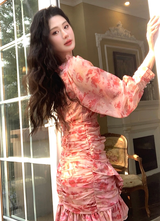 Printing France style romantic package hip pinched waist dress