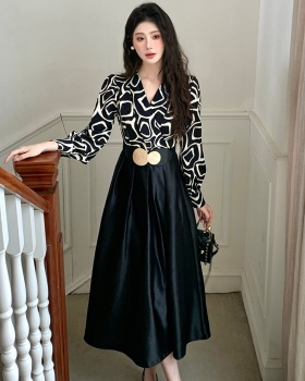 With belt temperament splice long fashion satin dress