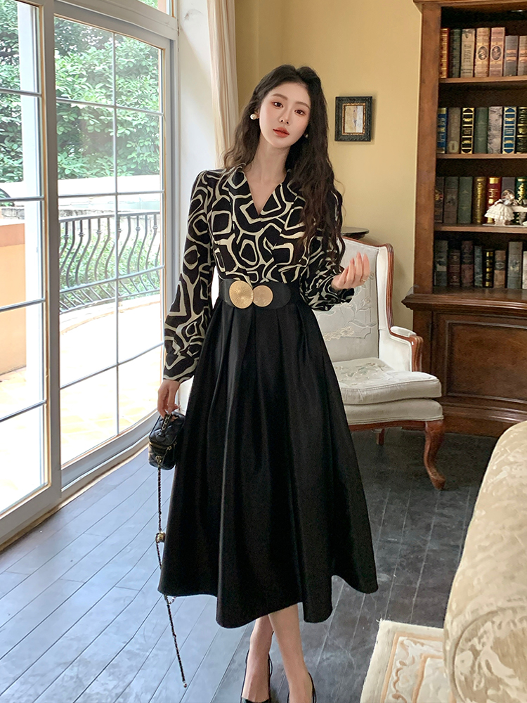 With belt temperament splice long fashion satin dress