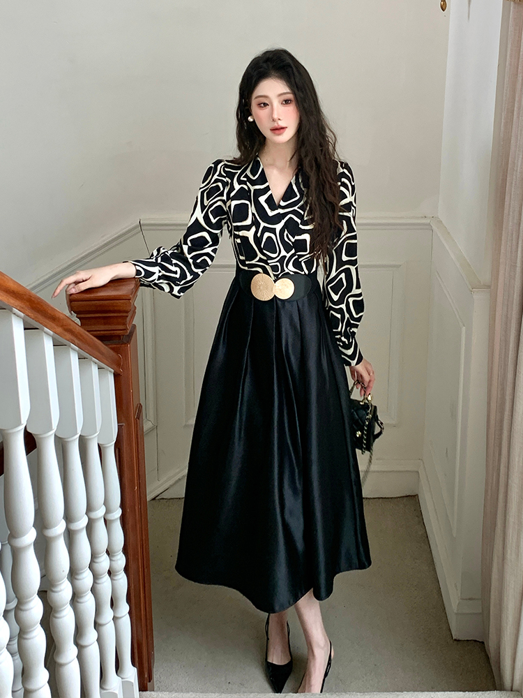 With belt temperament splice long fashion satin dress