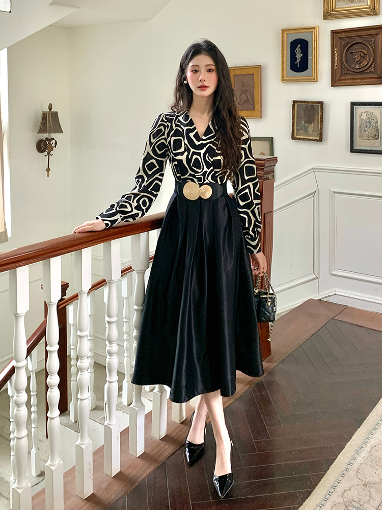 With belt temperament splice long fashion satin dress