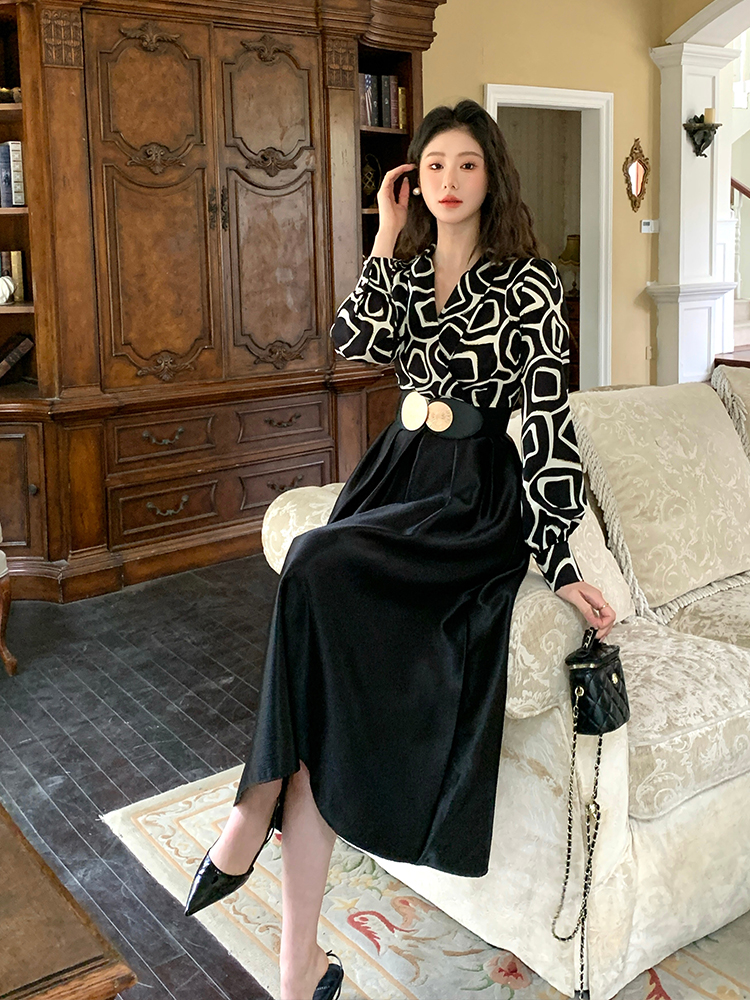 With belt temperament splice long fashion satin dress