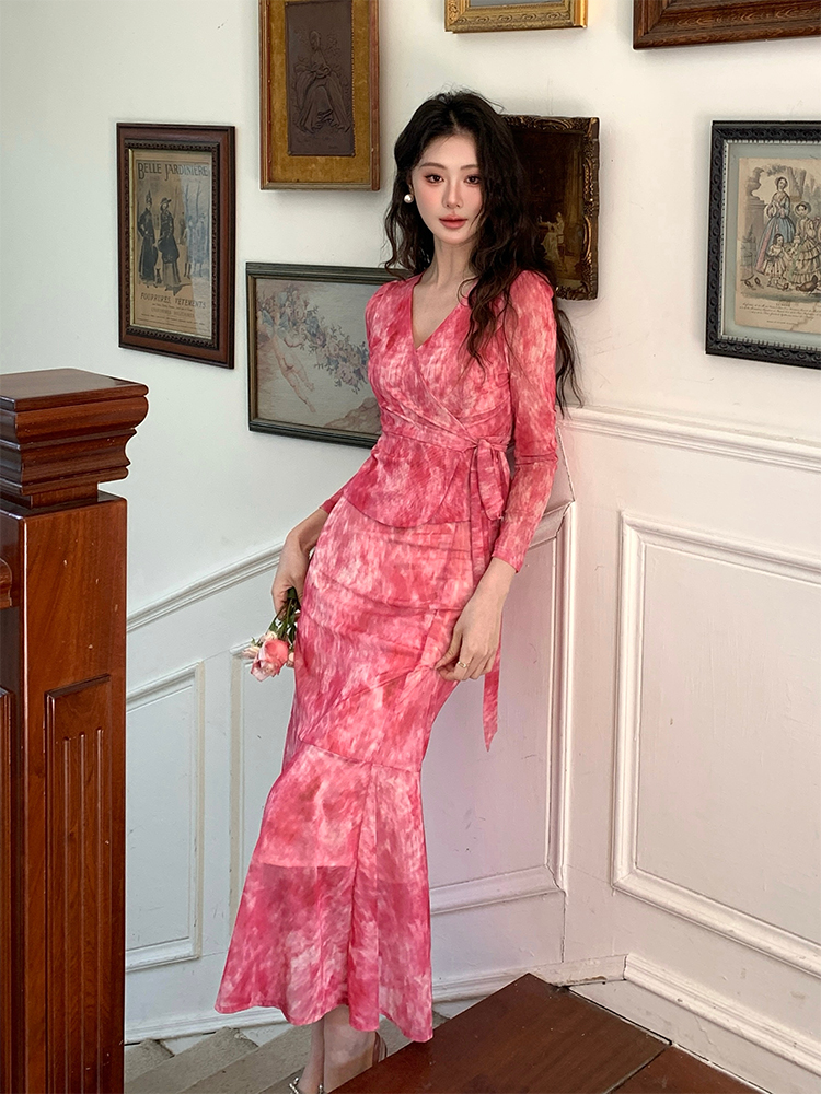 France style floral ladies V-neck dress 2pcs set