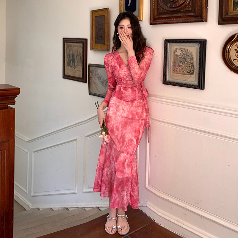 France style floral ladies V-neck dress 2pcs set