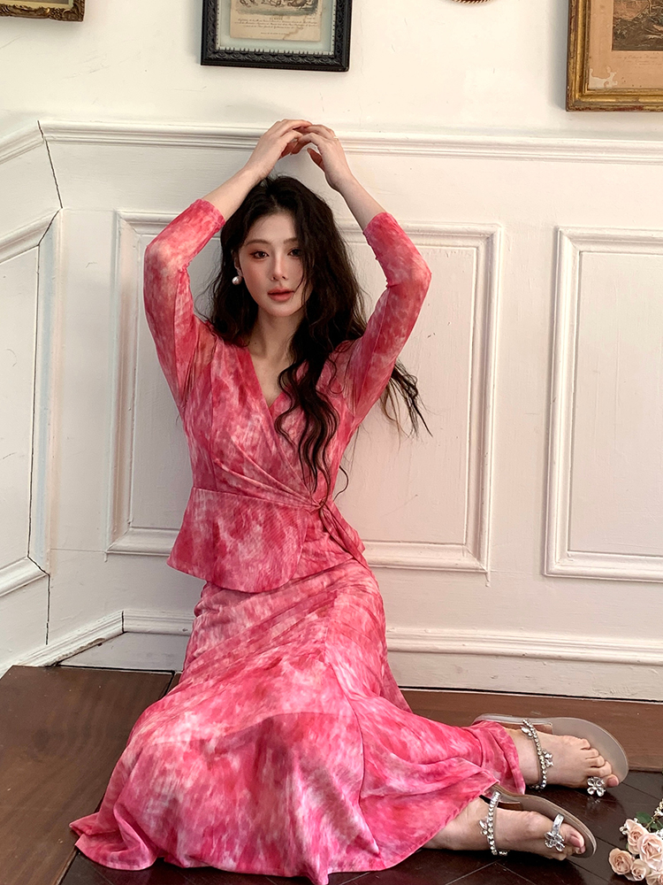 France style floral ladies V-neck dress 2pcs set