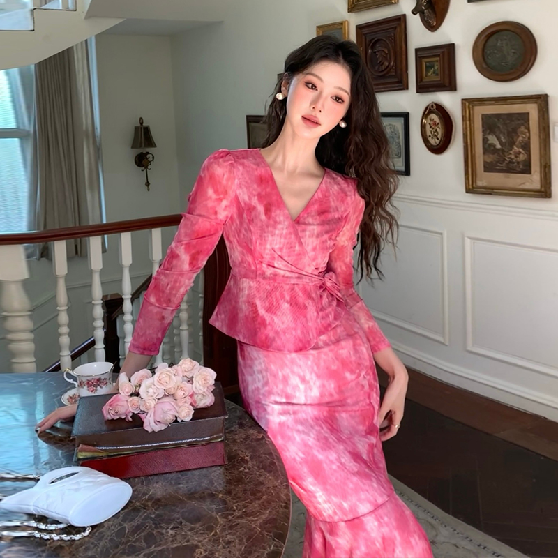 France style floral ladies V-neck dress 2pcs set