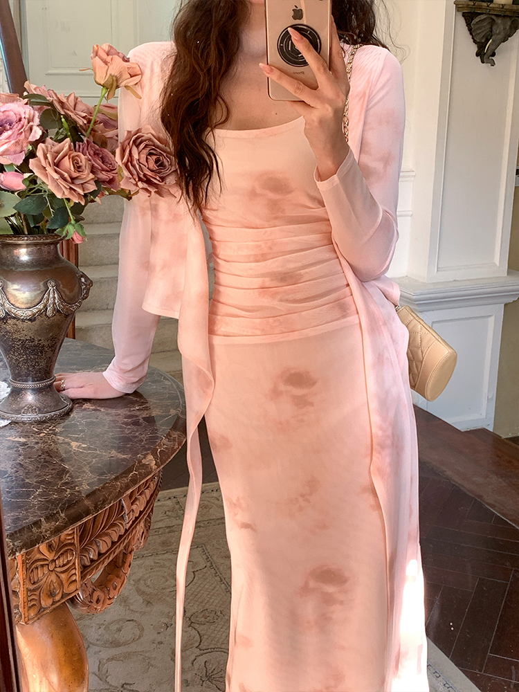 Gauze blooming sling fold France style dress a set