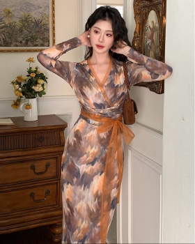 Package hip Casual gauze temperament slim V-neck tender dress