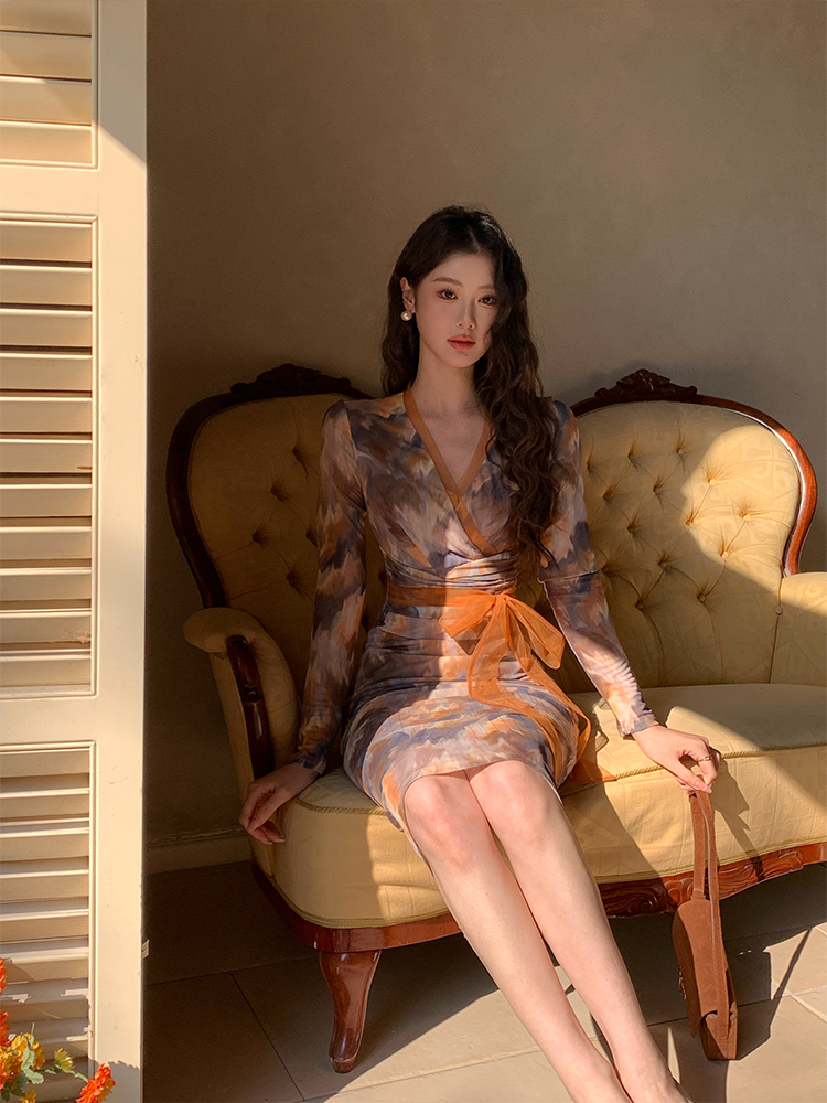 Package hip Casual gauze temperament slim V-neck tender dress