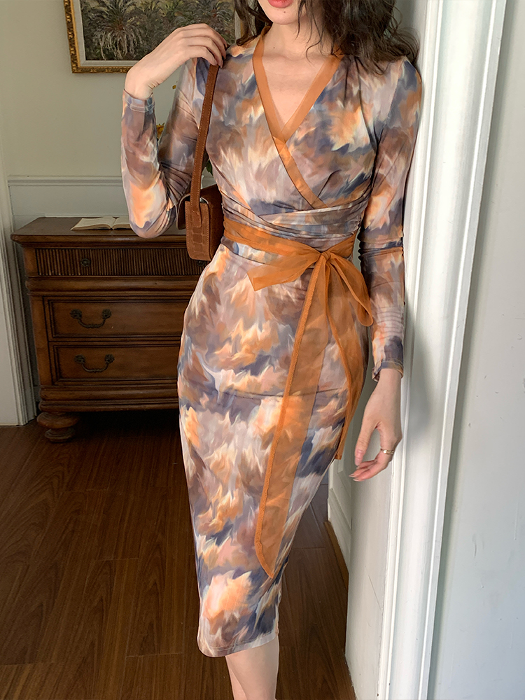 Package hip Casual gauze temperament slim V-neck tender dress