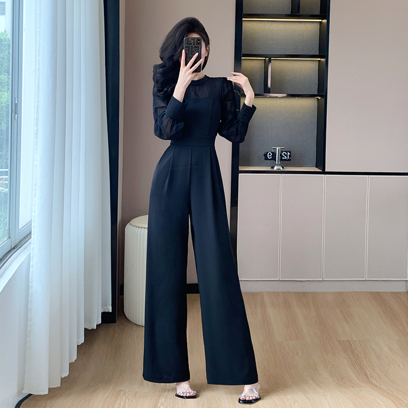 Splice wide leg temperament France style show high slim jumpsuit