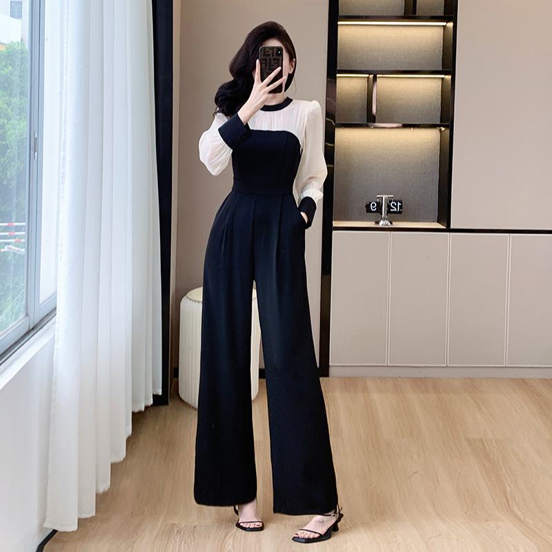Splice wide leg temperament France style show high slim jumpsuit