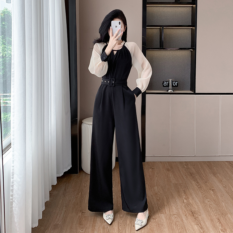 Pinched waist temperament jumpsuit frenum wide leg pants
