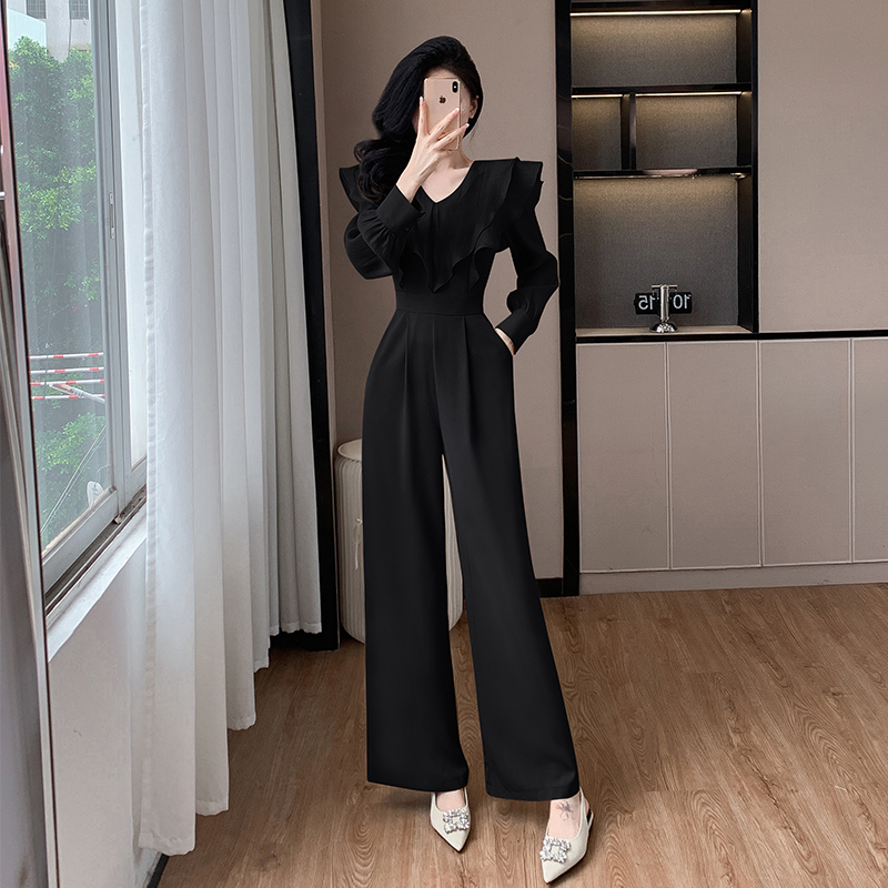 Long temperament lotus leaf edges jumpsuit for women