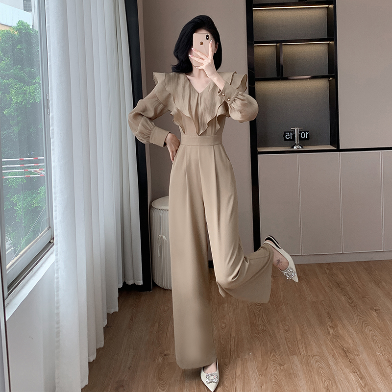 Long temperament lotus leaf edges jumpsuit for women