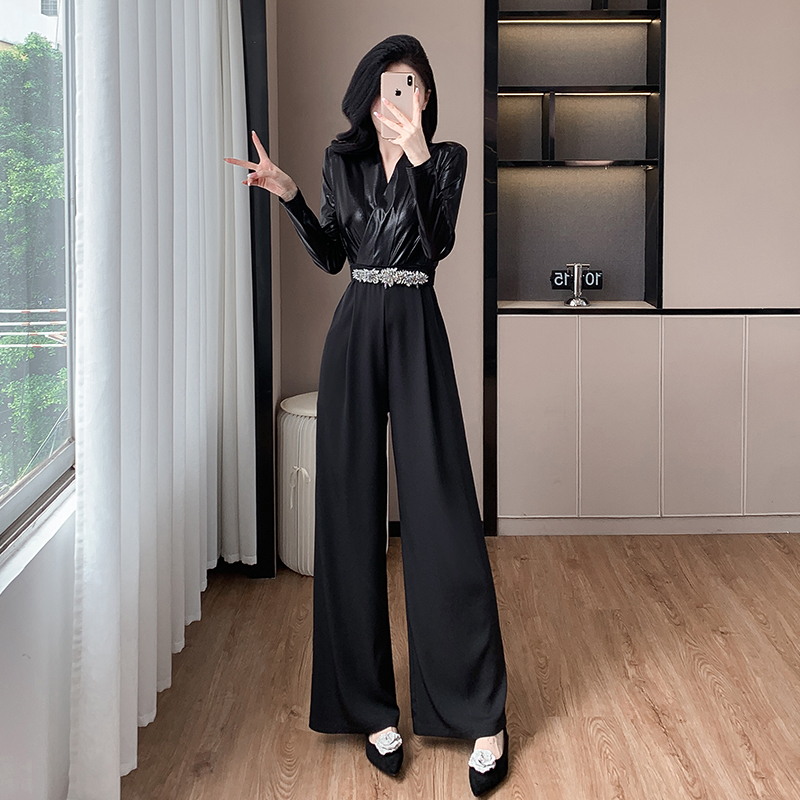 With belt splice jumpsuit mixed colors wide leg pants