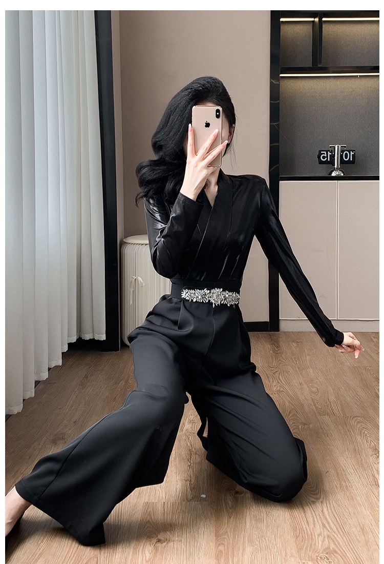 With belt splice jumpsuit mixed colors wide leg pants