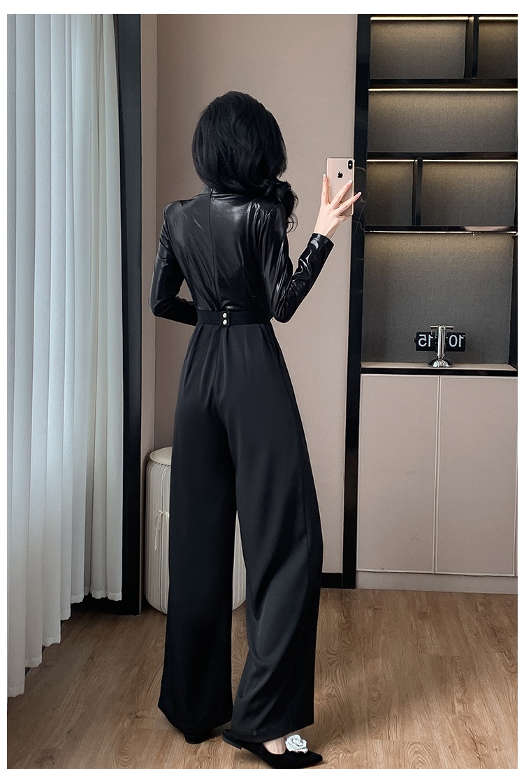 With belt splice jumpsuit mixed colors wide leg pants
