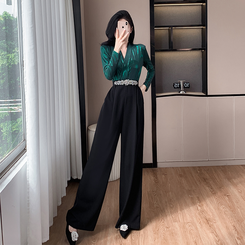 With belt splice jumpsuit mixed colors wide leg pants
