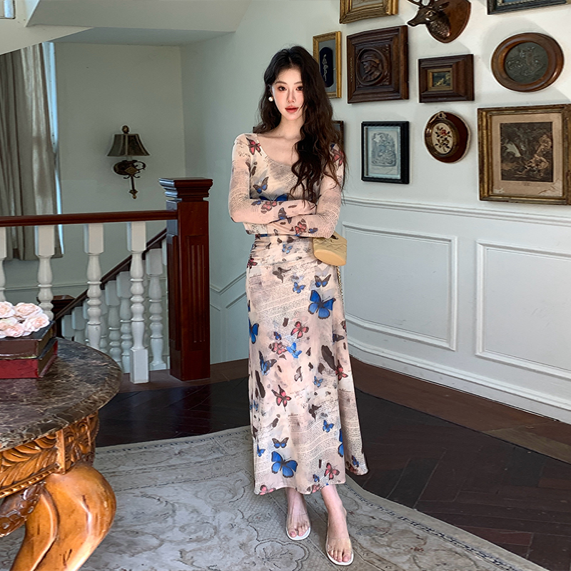 Chouzhe butterfly sexy dress retro printing slim long dress