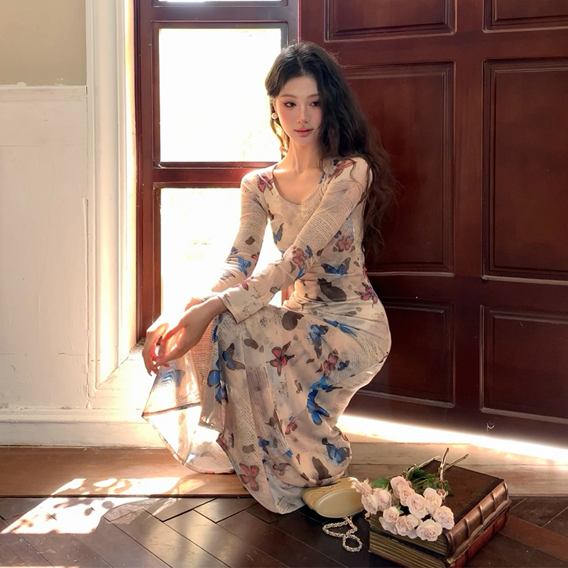 Chouzhe butterfly sexy dress retro printing slim long dress