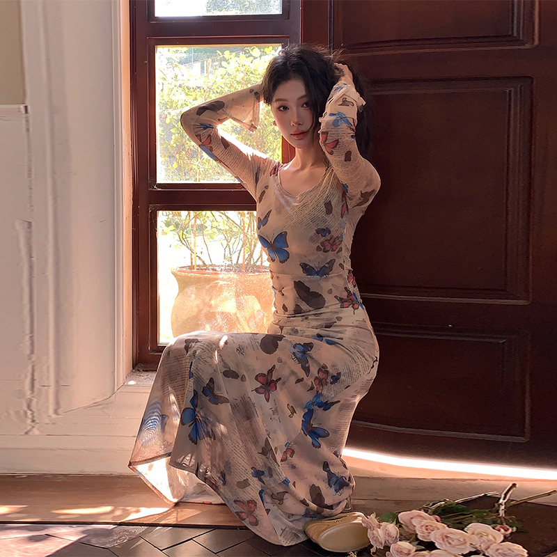 Chouzhe butterfly sexy dress retro printing slim long dress