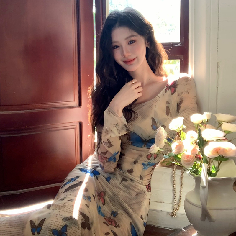 Chouzhe butterfly sexy dress retro printing slim long dress