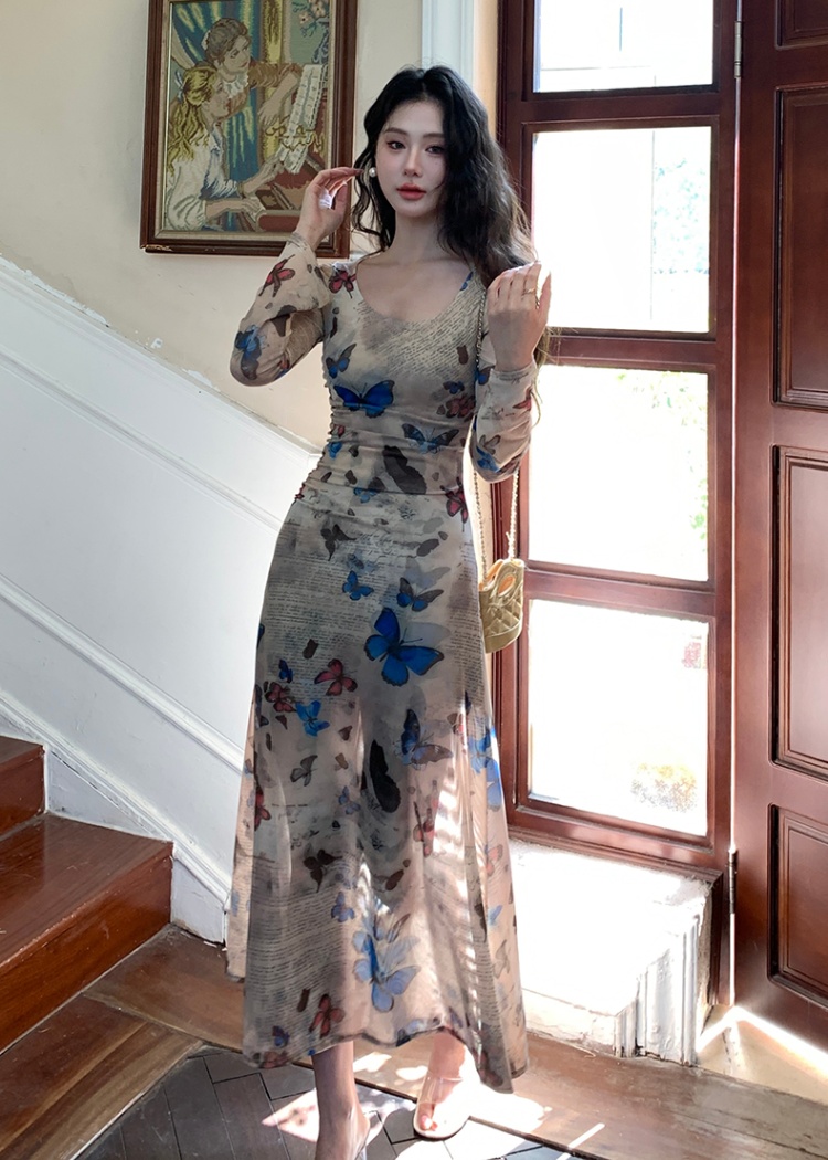 Chouzhe butterfly sexy dress retro printing slim long dress