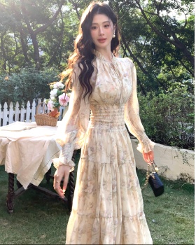 France style long sleeve dress floral Casual long dress