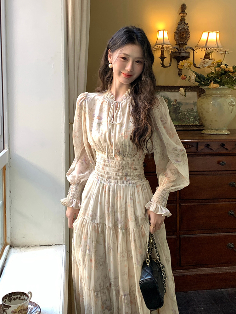 France style long sleeve dress floral Casual long dress