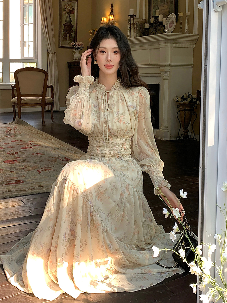 France style long sleeve dress floral Casual long dress