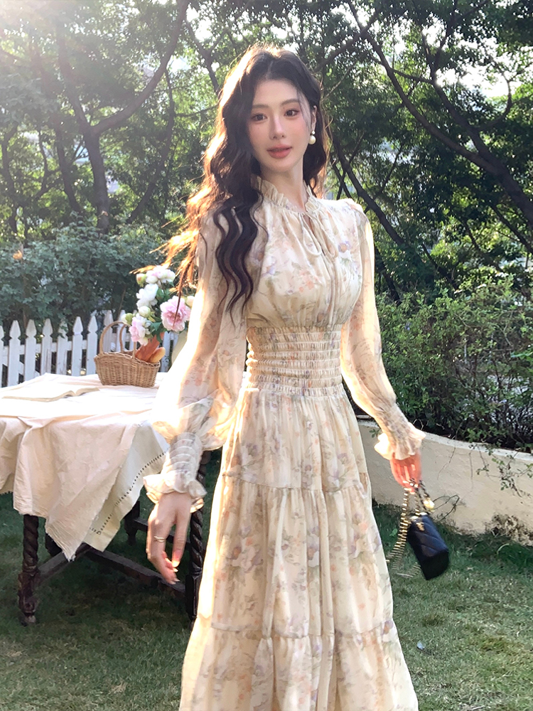 France style long sleeve dress floral Casual long dress