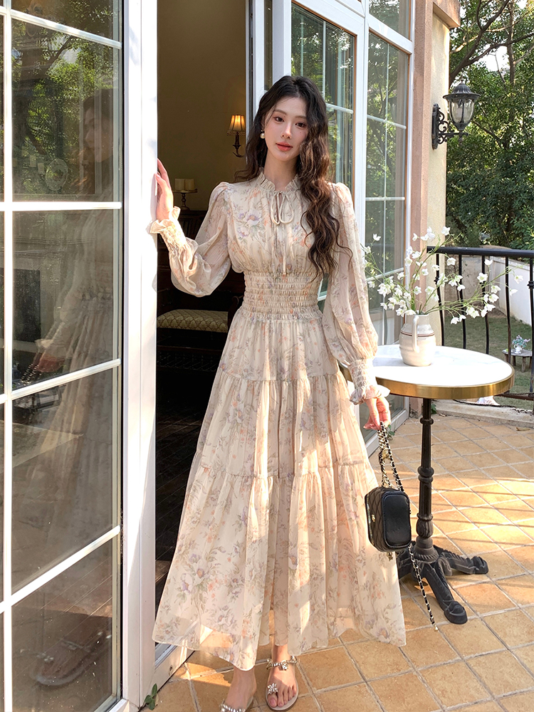 France style long sleeve dress floral Casual long dress