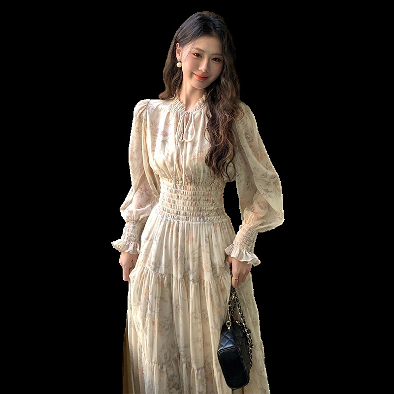 France style long sleeve dress floral Casual long dress
