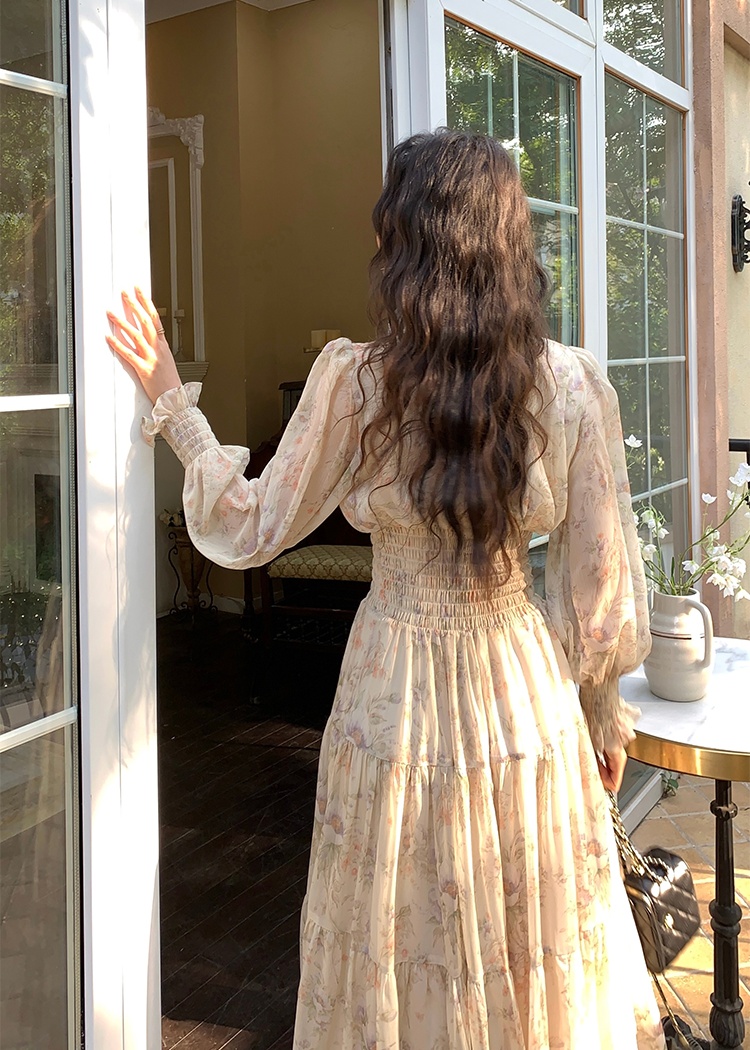 France style long sleeve dress floral Casual long dress