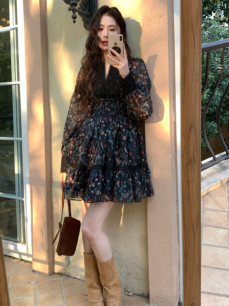 Pinched waist Casual spring lace printing retro dress