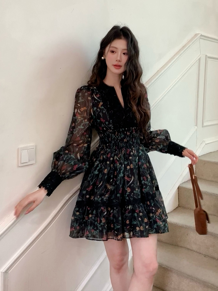 Pinched waist Casual spring lace printing retro dress