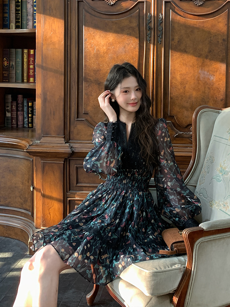 Pinched waist Casual spring lace printing retro dress