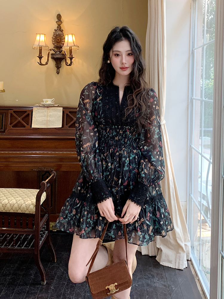 Pinched waist Casual spring lace printing retro dress