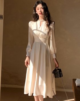 Pinched waist satin long dress long sleeve dress